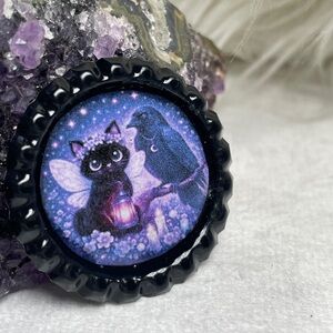 Feline Familiar Purple Fantasy Cat & Raven Bottle Cap Pin or Magnet